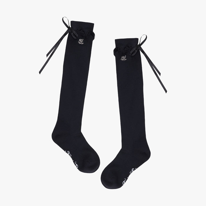 Satin Ribbon Summer Knee Socks (Black)