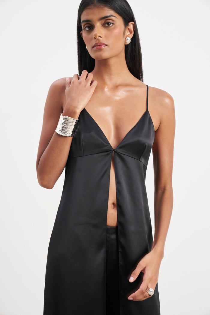Satin V Neck Longline Camisole - Black