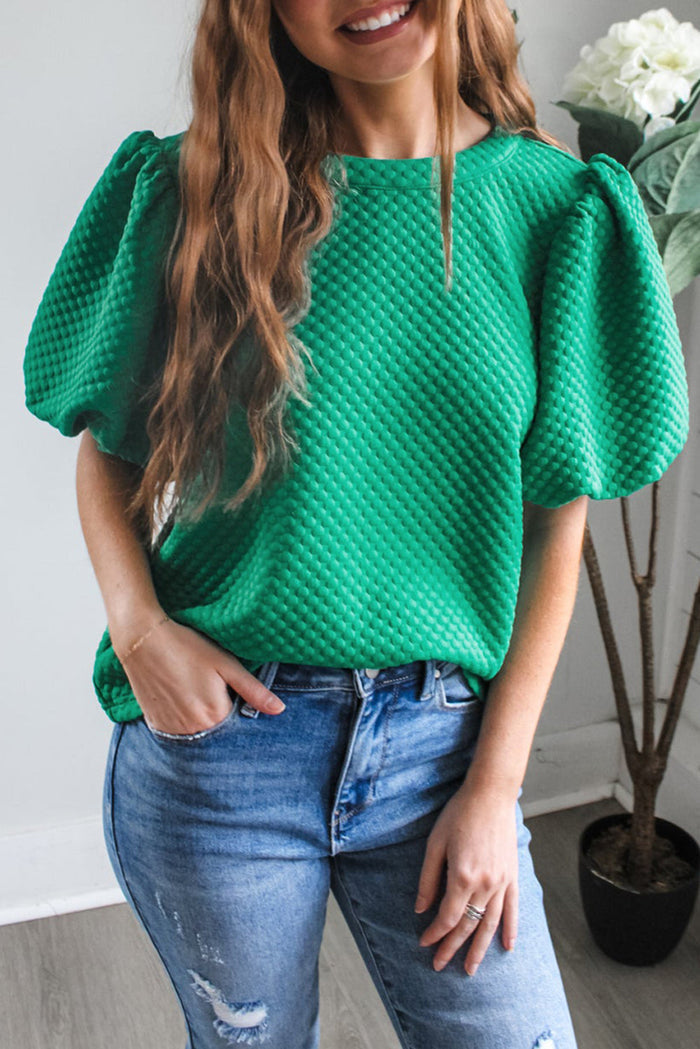Sea Green Solid Textured O Neck Puff Sleeve Blouse - S / 97% Polyester + 3% Elastane - Tops/Blouses & Shirts