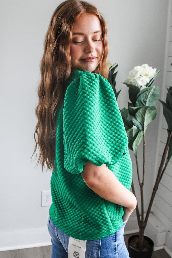 Sea Green Solid Textured O Neck Puff Sleeve Blouse - Tops/Blouses & Shirts