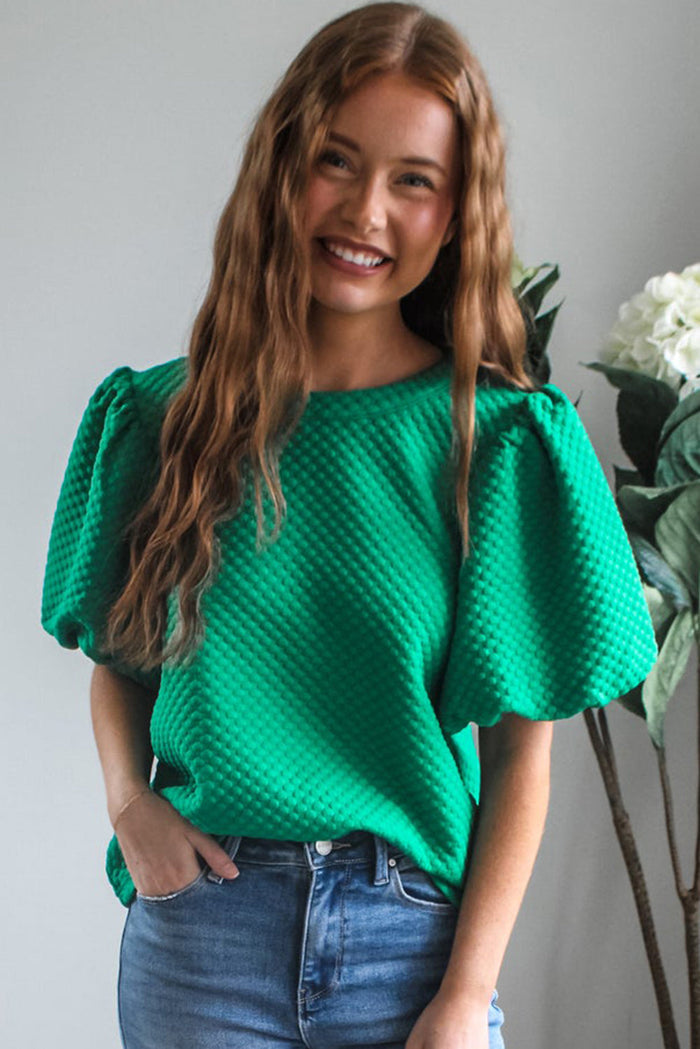Sea Green Solid Textured O Neck Puff Sleeve Blouse - Tops/Blouses & Shirts