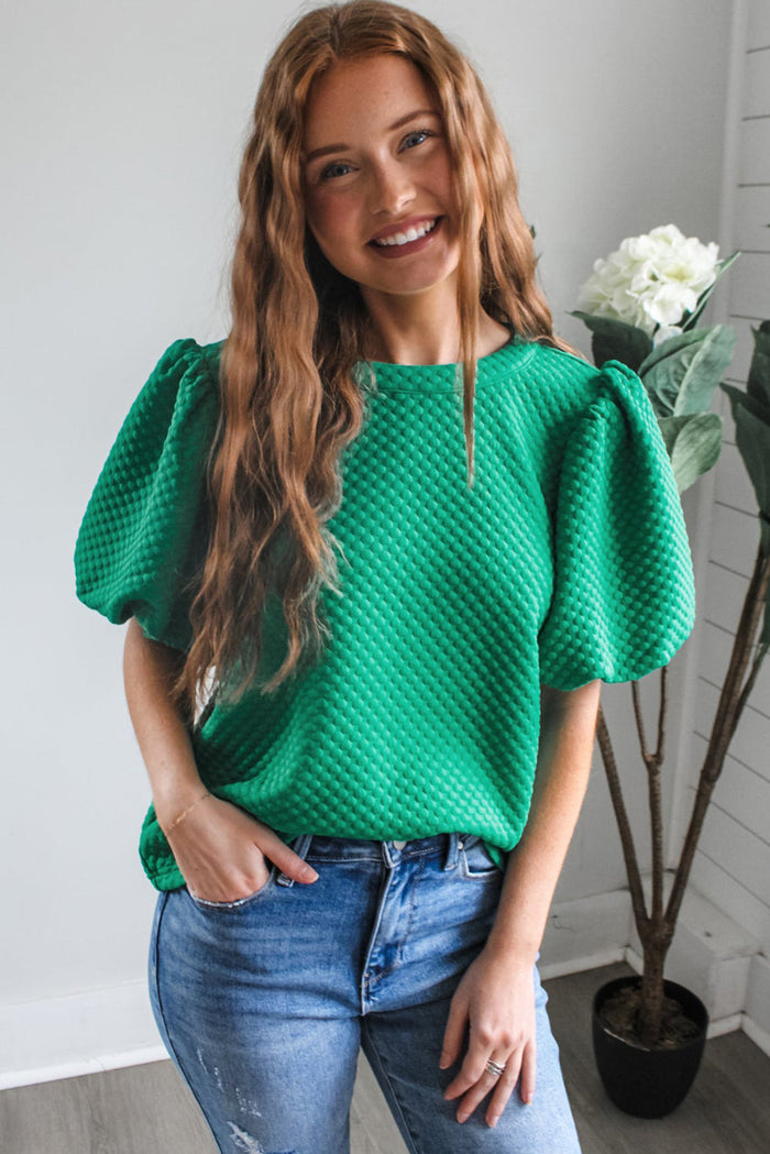 Sea Green Solid Textured O Neck Puff Sleeve Blouse - Tops/Blouses & Shirts