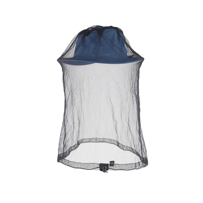 Sea To Summit nano mosquito head net worn over the top of a wide brimmed hat