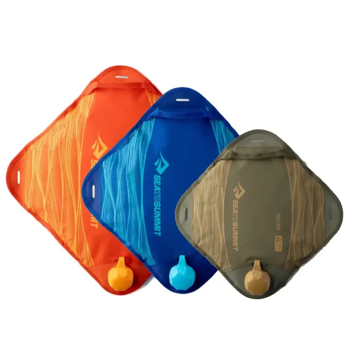 Three different sizes of Sea To Summit Pack Tap Water Carrier shown on a white background