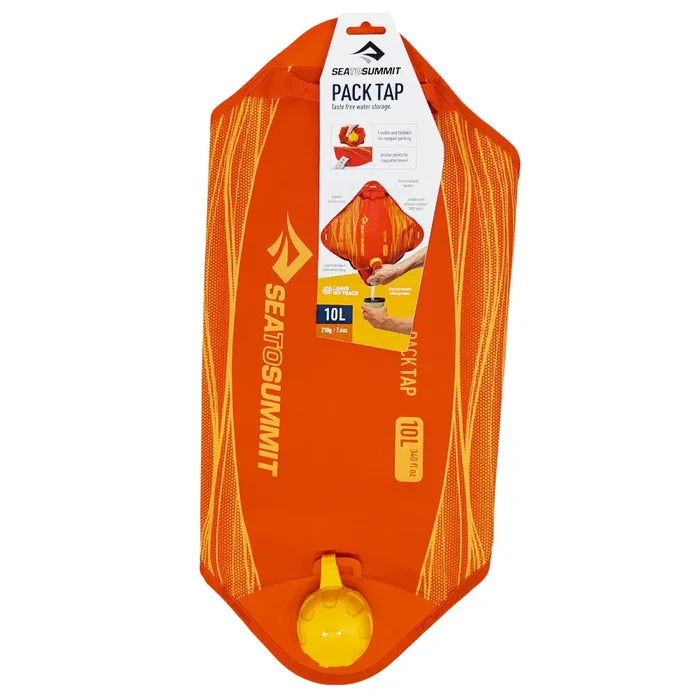 Packaging detail fro 10 litre orange Sea To Summit Pack Tap Water Carrier on a white background