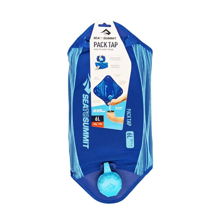 Packaging detail for 6 litre blue Sea To Summit Pack Tap Water Carrier on a white background