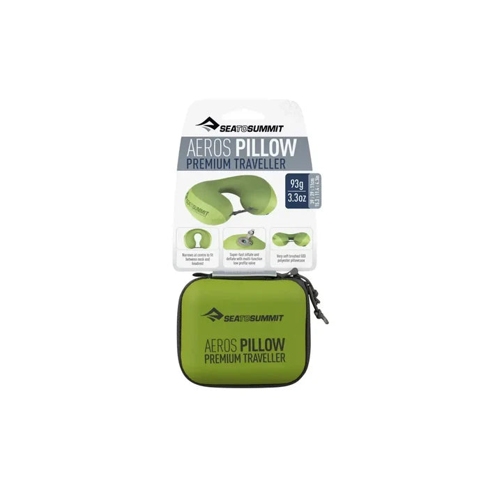 Sea To Summit Premium Traveller Aeros Neck Pillow in lime green shown packed in its carry case with packaging, against a plain white background