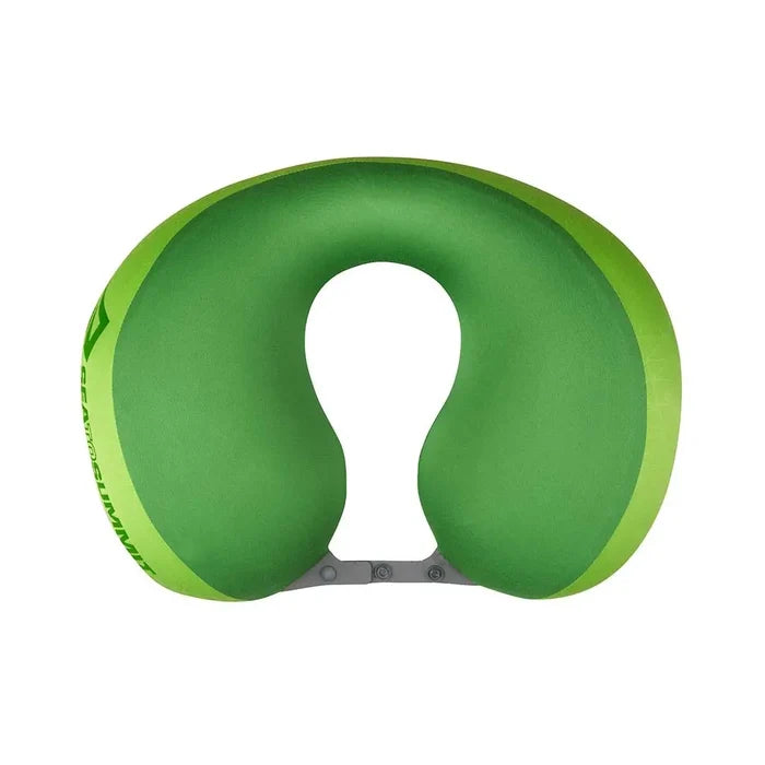 Sea To Summit Premium Traveller Aeros Neck Pillow in lime grren shown inflated from above, on a plain white background