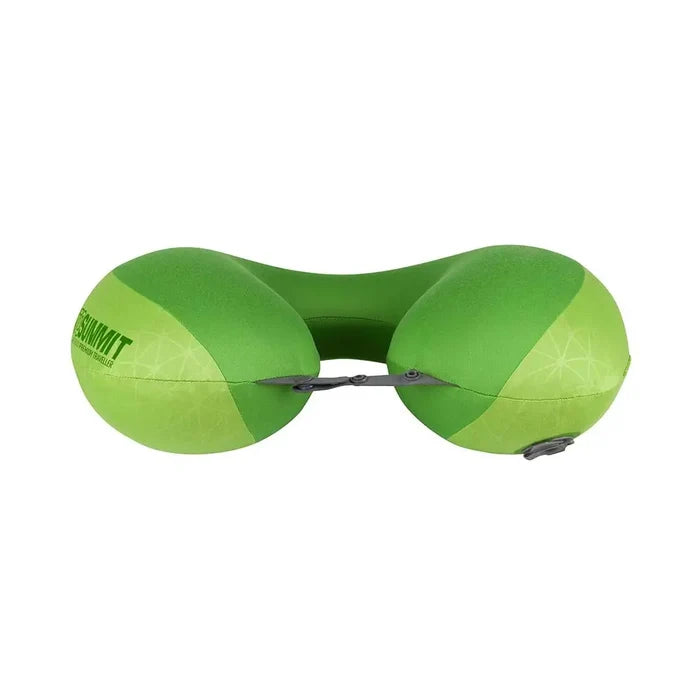 Sea To Summit Premium Traveller Aeros Neck Pillow in lime grren shown inflated from the side, on a plain white background
