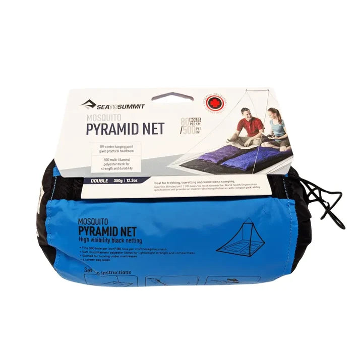 Sea To Summit Pyramid Double Mosquito Net stuff sack and packaging on a white background