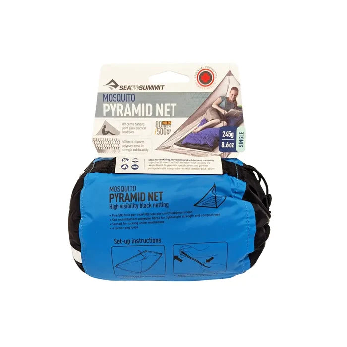 Sea To Summit Pyramid Single Mosquito Net packed in its carry stuff sack on a white background