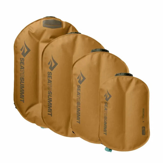 Sea To Summit Watercell X Water Carriers arranged in the four size options on a white background