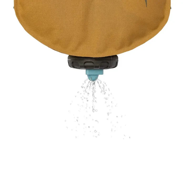 Sea To Summit Watercell X Water Carrier shower nozzle attachment with water spraying out on a white background