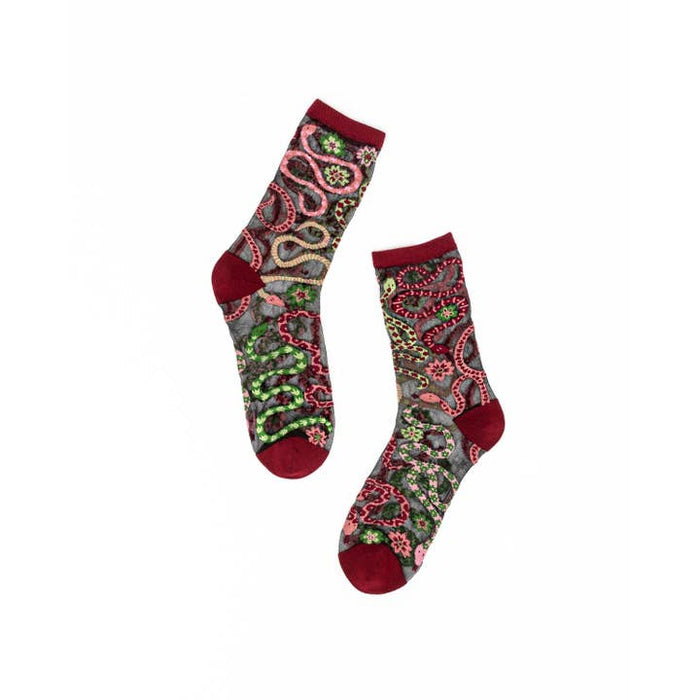 Serpentine Floral Black Sheer Crew Sock