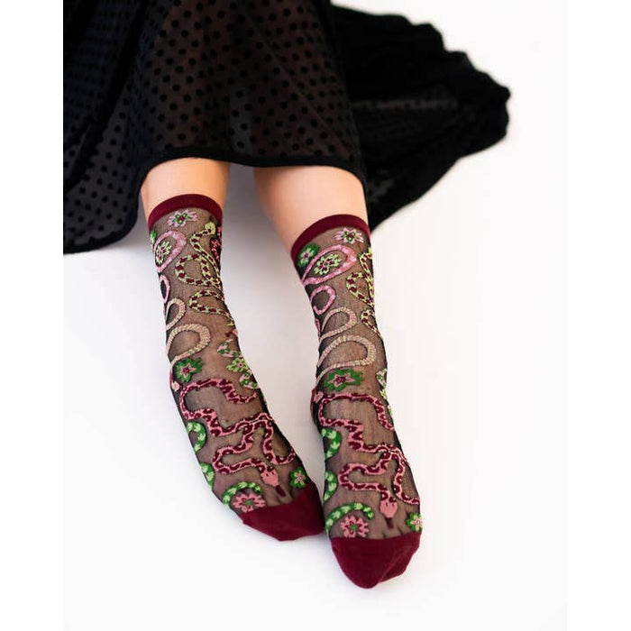 Serpentine Floral Black Sheer Crew Sock