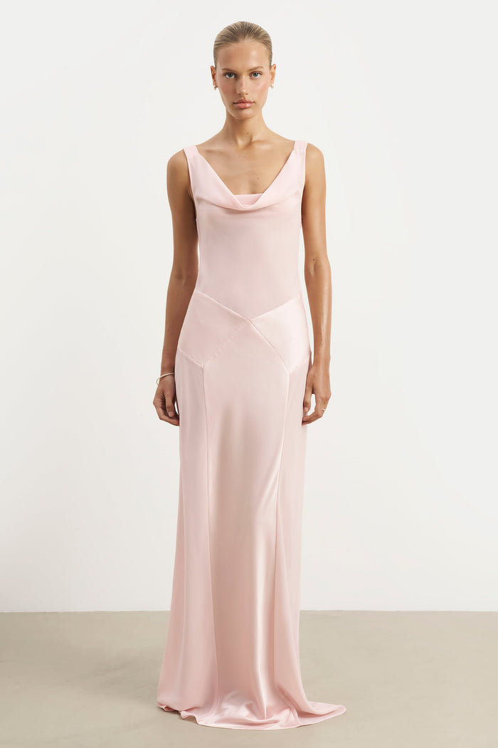 Sheer Chiffon Cowl Neck Satin Panel Gown - Blush