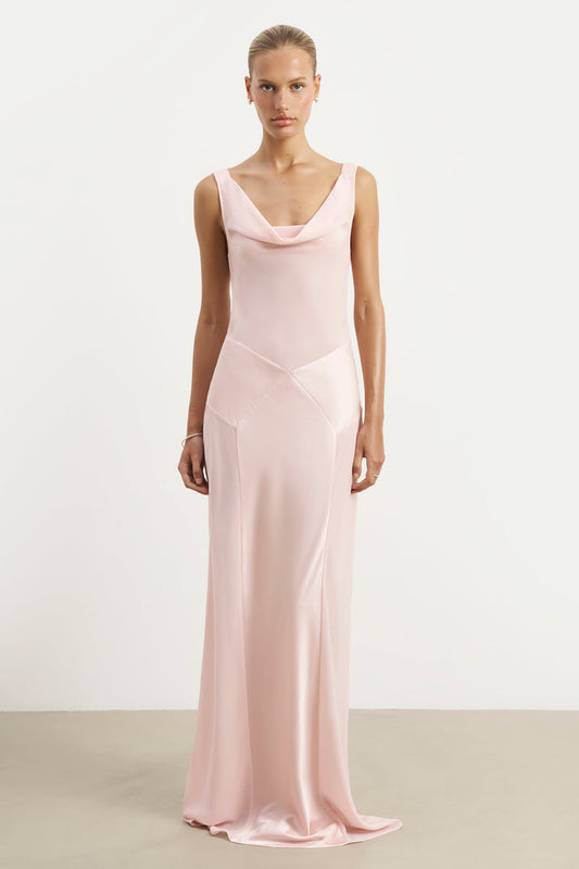 Sheer Chiffon Cowl Neck Satin Panel Gown - Blush