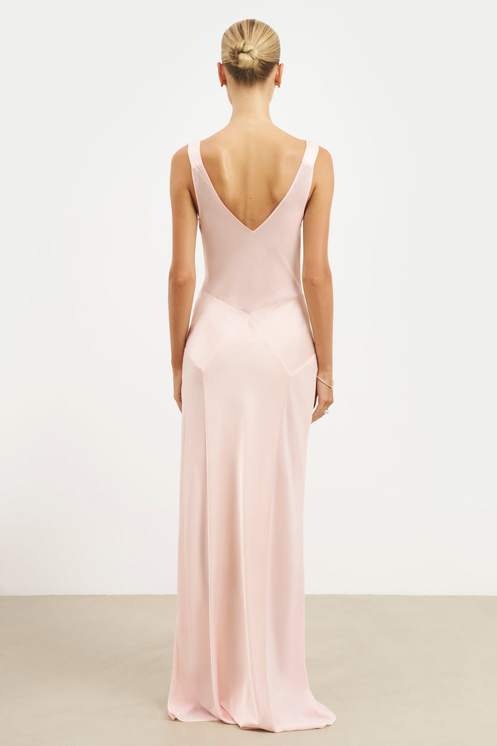 Sheer Chiffon Cowl Neck Satin Panel Gown - Blush