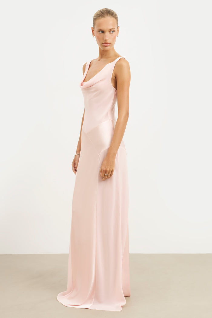 Sheer Chiffon Cowl Neck Satin Panel Gown - Blush
