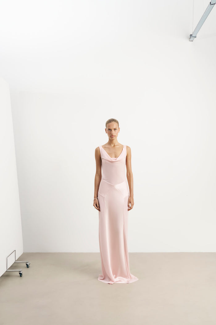 Sheer Chiffon Cowl Neck Satin Panel Gown - Blush