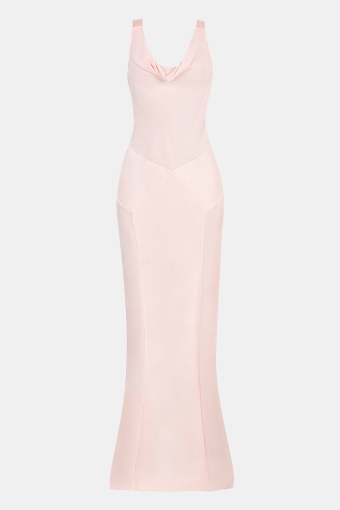 Sheer Chiffon Cowl Neck Satin Panel Gown - Blush