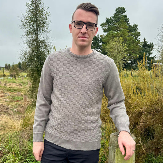 Man wearing Silver Stream - Textured Front Merino Crew Neck Jumper (SM1872) in the colour Mocha.