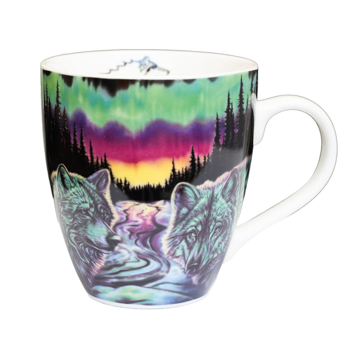 Mug with a design of two wolves and a night sky with stars on a white background