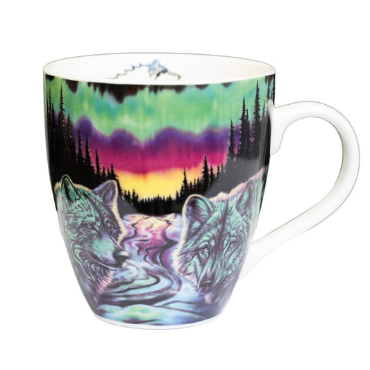 Mug with a design of two wolves and a night sky with stars on a white background