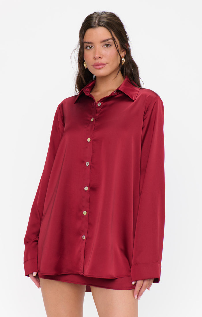 Smith Button Down ~ Cranberry Luxe Satin