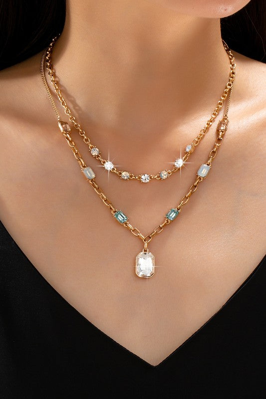 Soft Glam Pastel Crystal Double Layer Necklace-Cute-Trendy-Shop-Womens-Boutique-Clothing-Store