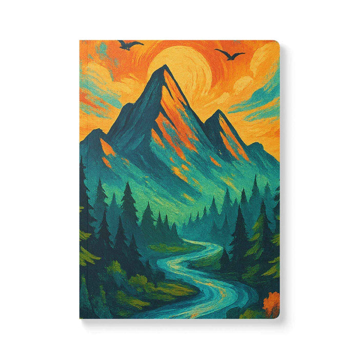 Ruled softcover journal with mountain cover artwork, ruled pages and 80 lb text paper shown as a practical writing accessory.