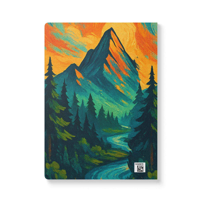 Ruled softcover journal showing the 5.75 x 8 inch size, ruled pages and mountain cover with confirmed paper and page details.