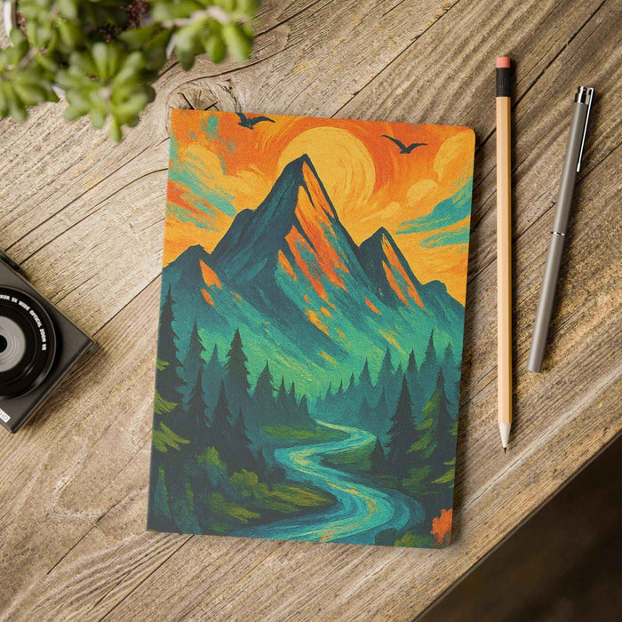 Ruled softcover journal with mountain artwork, perforated pages and ruled writing layout for clear size and design reference.