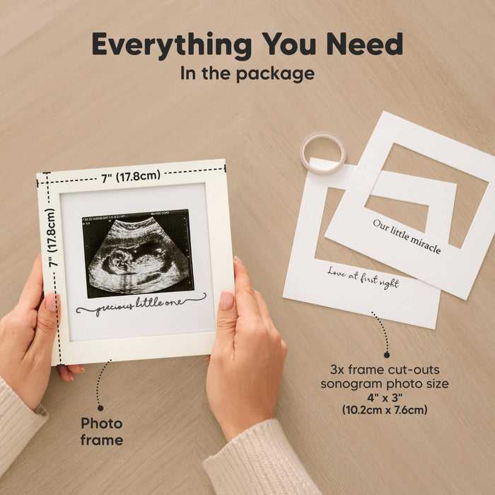 Everything You Need, in the package: 7" x 7" photo frame, 3x frame cut-outs, fits sonogram photo size 4" x 3" (10.2cm x 7.6cm).