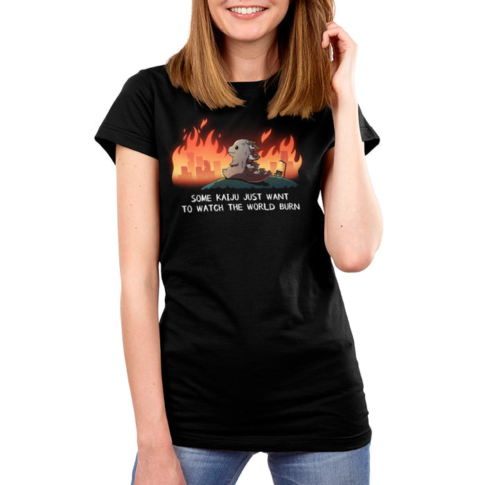 Premium Cotton T-shirt_TeeTurtle black Some Kaiju Just Want to Watch the World Burn apparel featuring a happy Godzilla sitting on a hill watching a burning city in the distance, and the caption, “Some Kaiju Just Want to Watch the World Burn“.