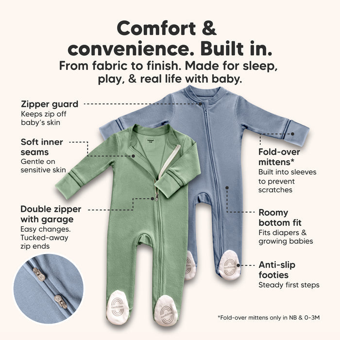 Comfort & convenience. Built in. - From fabric to finish. Made for sleep, play, & real life with baby. (Zipper guard, Soft inner seams, Double zipper with garage, Fold-over mittens, Roomy bottom fit, and Anti-slip footies)
