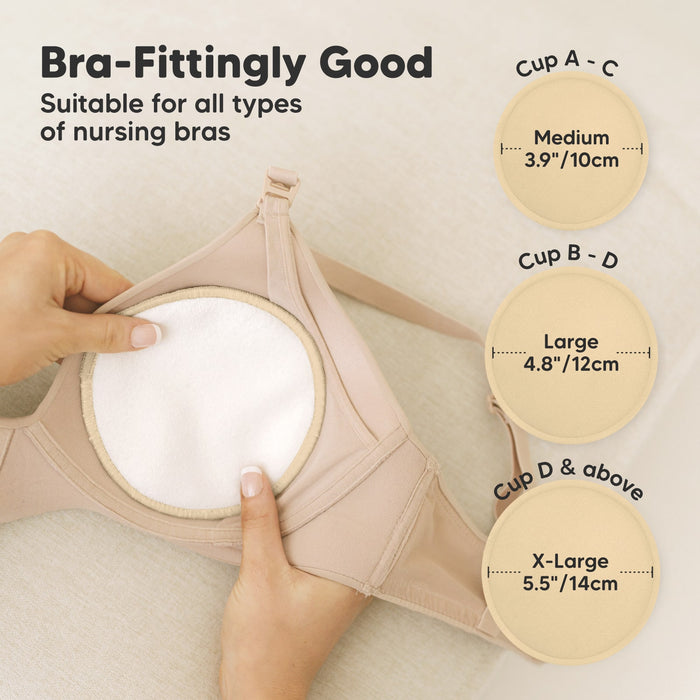 Bra-Fittingly Good, suitable for all types of nursing bras:
Cup A–C: Medium (3.9" / 10cm)
Cup B–D: Large (4.8" / 12cm)
Cup D & above: X-Large (5.5" / 14cm)