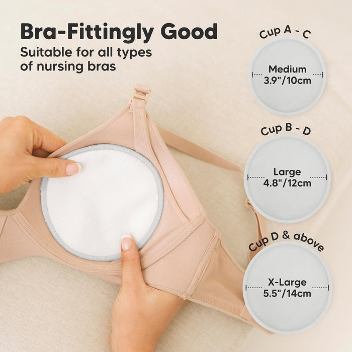 Bra-Fittingly Good, suitable for all types of nursing bras:
Cup A–C: Medium (3.9" / 10cm)
Cup B–D: Large (4.8" / 12cm)
Cup D & above: X-Large (5.5" / 14cm)