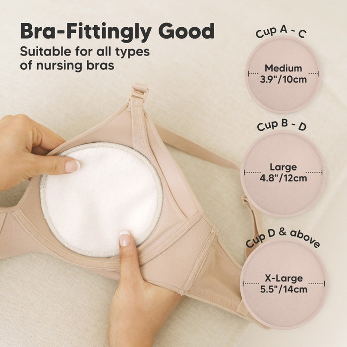 Bra-Fittingly Good, suitable for all types of nursing bras:
Cup A–C: Medium (3.9" / 10cm)
Cup B–D: Large (4.8" / 12cm)
Cup D & above: X-Large (5.5" / 14cm)