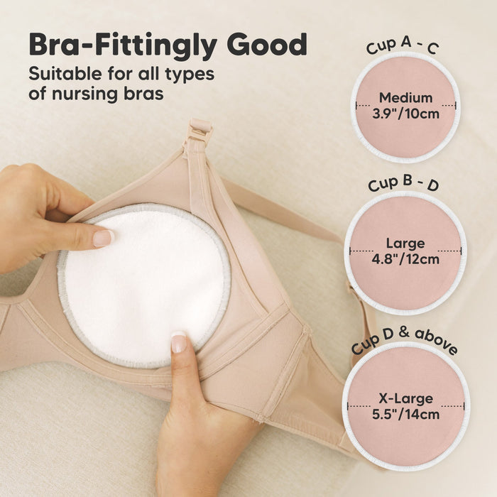 Bra-Fittingly Good, suitable for all types of nursing bras:
Cup A–C: Medium (3.9" / 10cm)
Cup B–D: Large (4.8" / 12cm)
Cup D & above: X-Large (5.5" / 14cm)