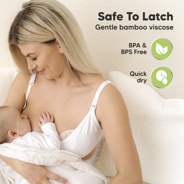 Safe To Latch, gentle bamboo viscose, BPA & BPS free, quick-drying.