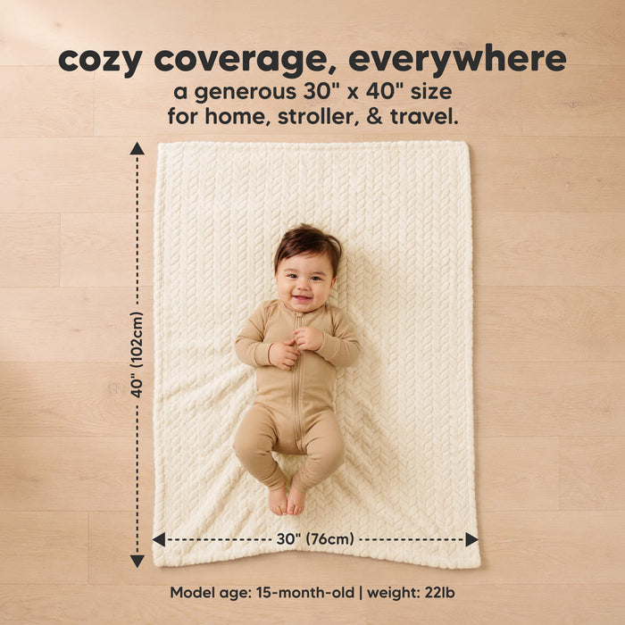 cozy coverage, everywhere - a generous 30" x 40" size for home, stroller, & travel. (Model age: 15-month-old | weight: 22lb)