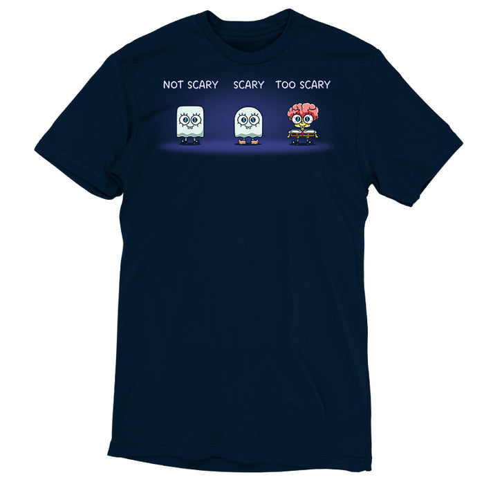 Premium Cotton T-shirt_TeeTurtle navy blue SpongeBob Scariness Range apparel featuring SpongeBob SquarePants in the Halloween costumes of: a sheet ghost with a square outline with the caption, “Not Scary“, a sheet ghost with a rounded outline with the caption, “Scary“, and missing some parts of his head so that his brain is exposed with the caption, “Too Scary“.