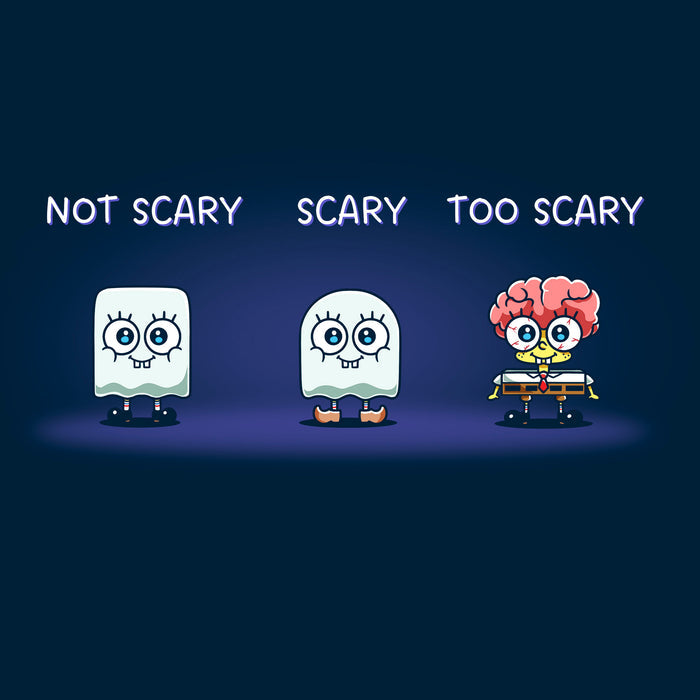 Classic Cotton T-shirt_TeeTurtle navy blue SpongeBob Scariness Range apparel featuring SpongeBob SquarePants in the Halloween costumes of: a sheet ghost with a square outline with the caption, “Not Scary“, a sheet ghost with a rounded outline with the caption, “Scary“, and missing some parts of his head so that his brain is exposed with the caption, “Too Scary“.