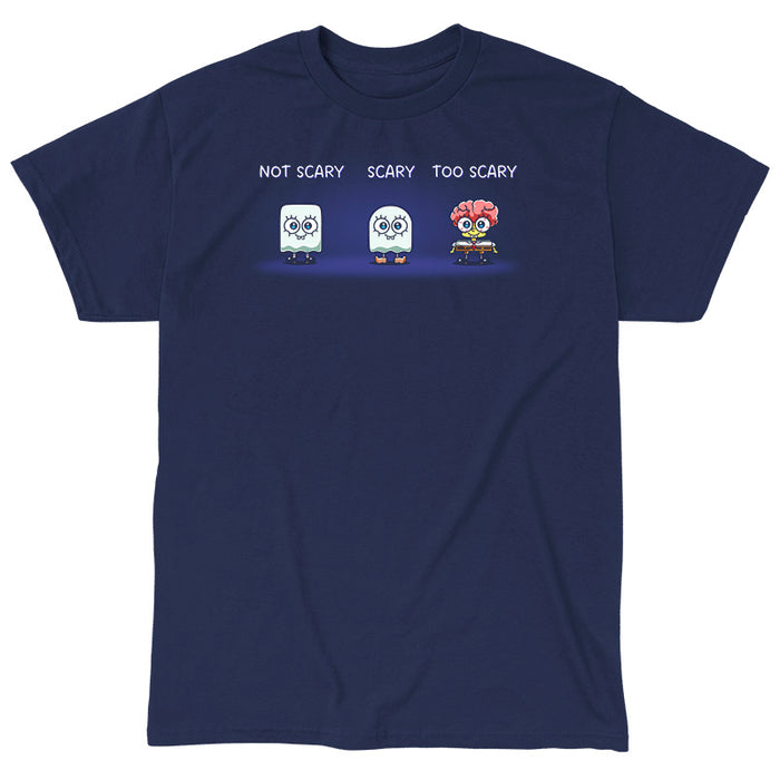 Classic Cotton T-shirt_TeeTurtle navy blue SpongeBob Scariness Range apparel featuring SpongeBob SquarePants in the Halloween costumes of: a sheet ghost with a square outline with the caption, “Not Scary“, a sheet ghost with a rounded outline with the caption, “Scary“, and missing some parts of his head so that his brain is exposed with the caption, “Too Scary“.