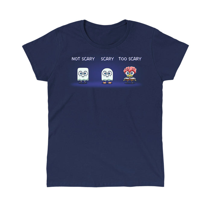 Classic Cotton T-shirt_TeeTurtle navy blue SpongeBob Scariness Range apparel featuring SpongeBob SquarePants in the Halloween costumes of: a sheet ghost with a square outline with the caption, “Not Scary“, a sheet ghost with a rounded outline with the caption, “Scary“, and missing some parts of his head so that his brain is exposed with the caption, “Too Scary“.