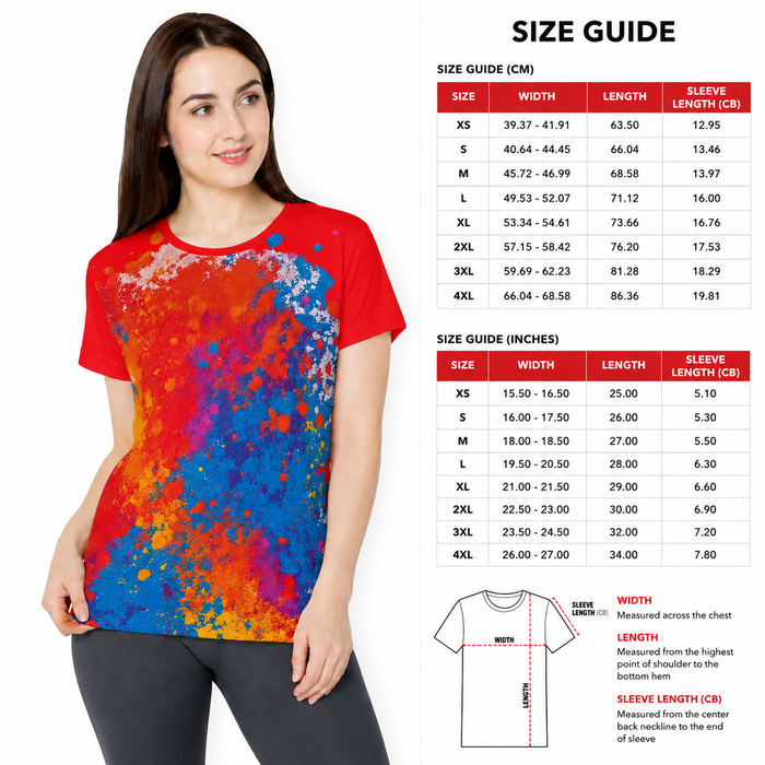 Colorful womens athletic jersey top with red base, blue orange splatter graphic, and lightweight polyester fabric for motion.