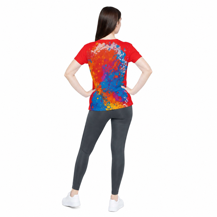Moisture-wicking womens sports top with expressive paint splash design, classic fit, and breathable polyester feel active day