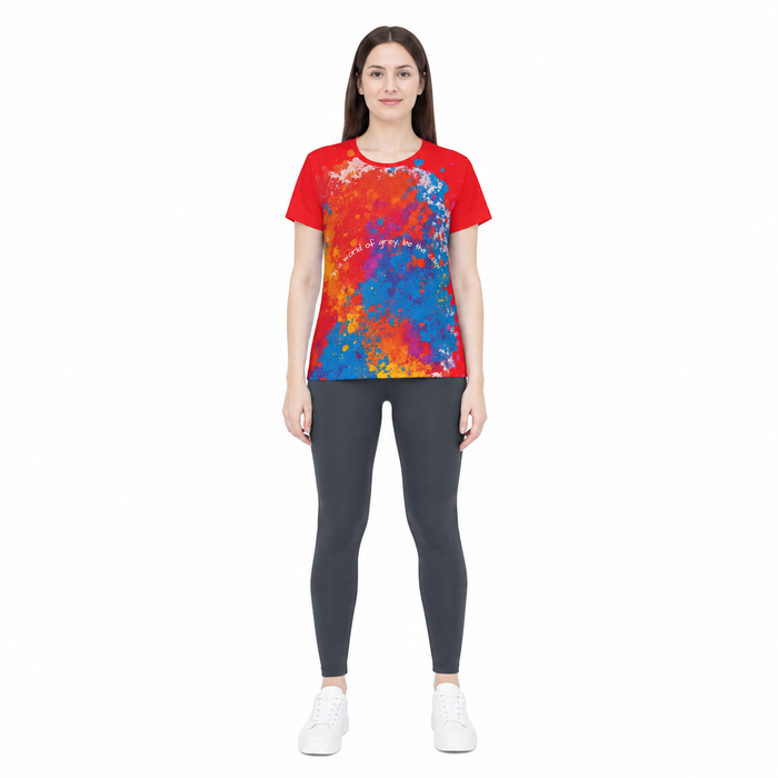 Vibrant red active jersey for gym, events, and daily outfits with colorful abstract print and comfortable crew neck movement.
