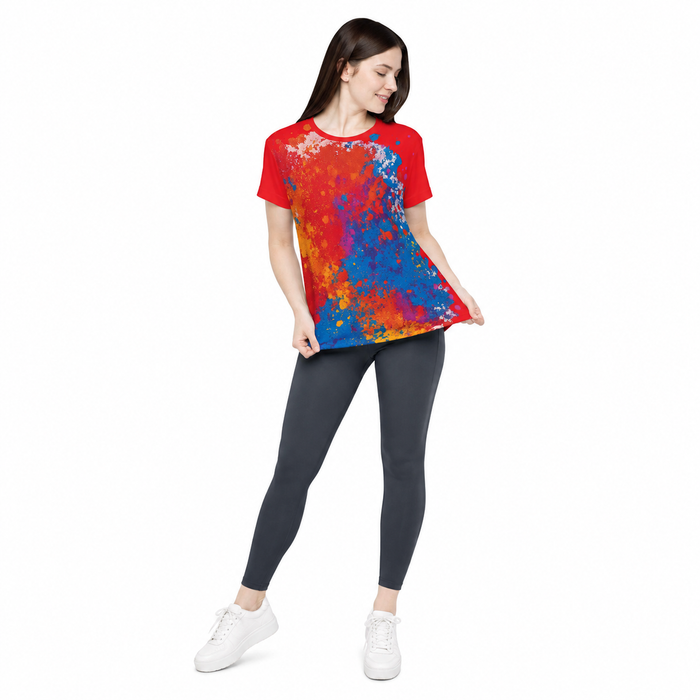 All-over print womens jersey top with artistic color splash front, relaxed classic fit, and easy movement for active days out